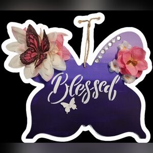 Decorative Purple 'Blessed' Butterfly Wall Sign with Pink Flowers